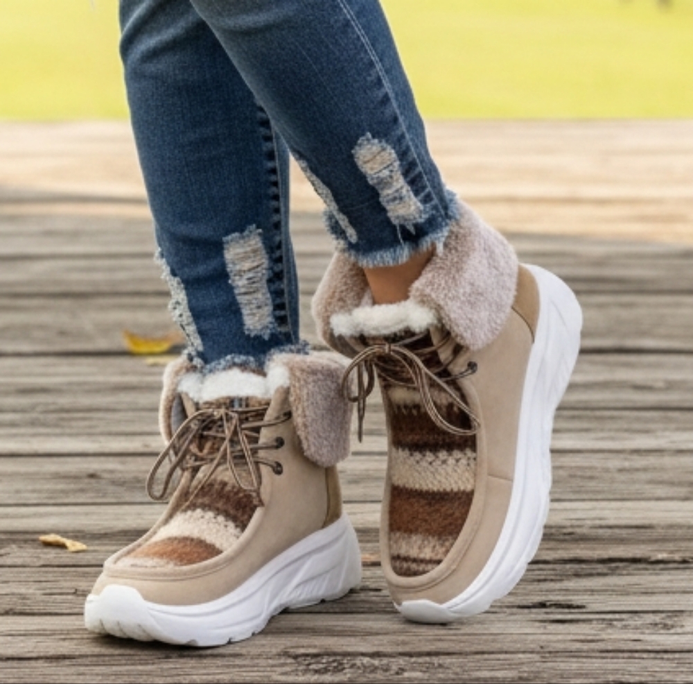 Warm Lined Ankle Boots Wide Faux Fur Cuff Lace-Up Outdoor Cozy Winter Shoes Boho